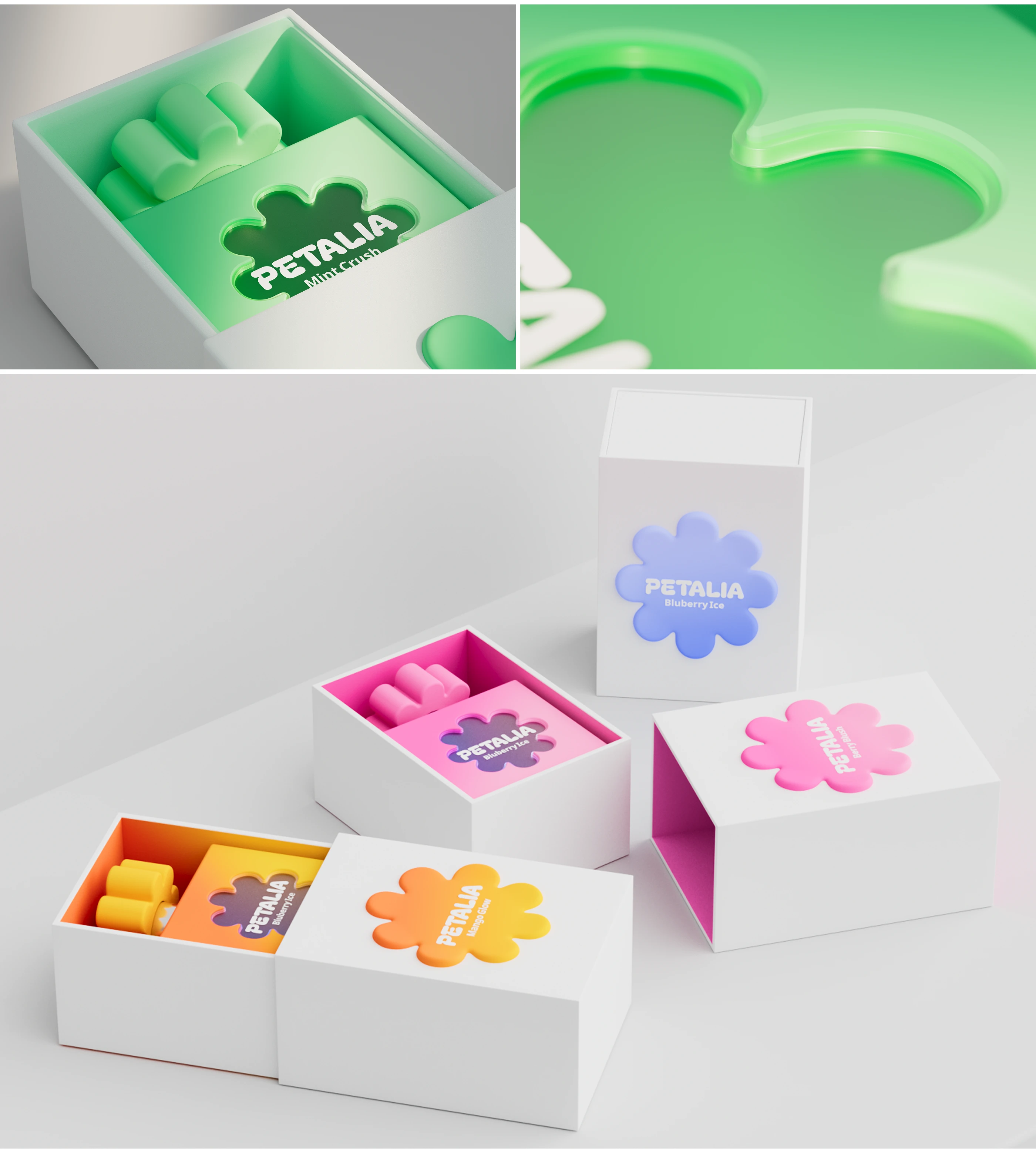 PETALIA fragrance packaging by Naya Samoilova showing colorful perfume bottles inside white sliding boxes with flower-shaped labels and bright interior color accents.
