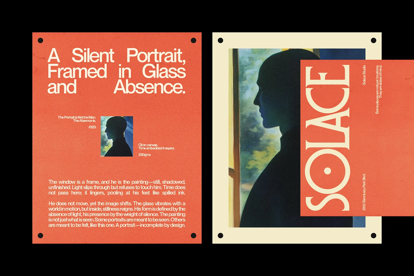 Minimalist editorial brand layouts for Solace Studio with large typography on an orange background, titled 'A Silent Portrait,' demonstrating the identity's use of negative space and poetic copy.