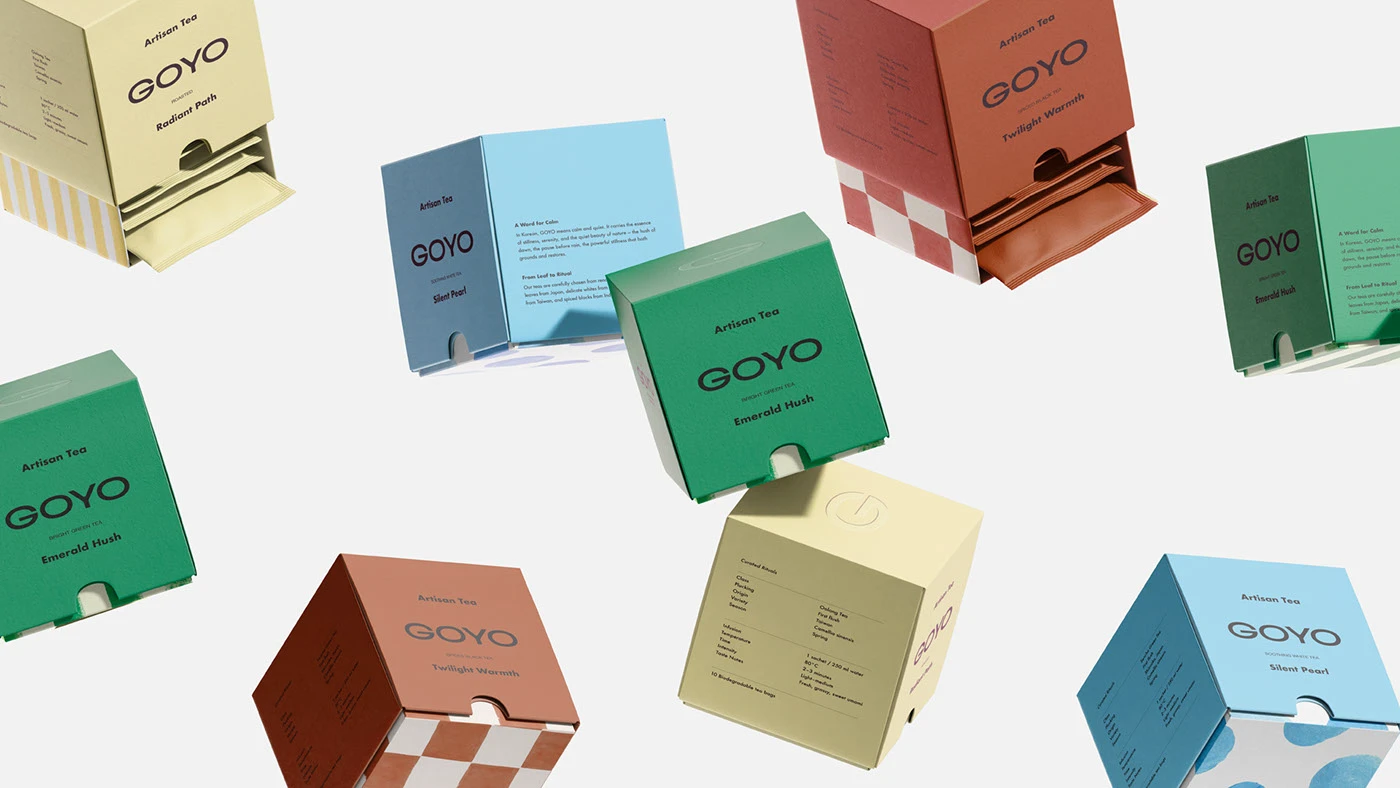 Minimalist tea packaging design for Goyo Tea featuring bold typography, muted color palettes, and modern box structures