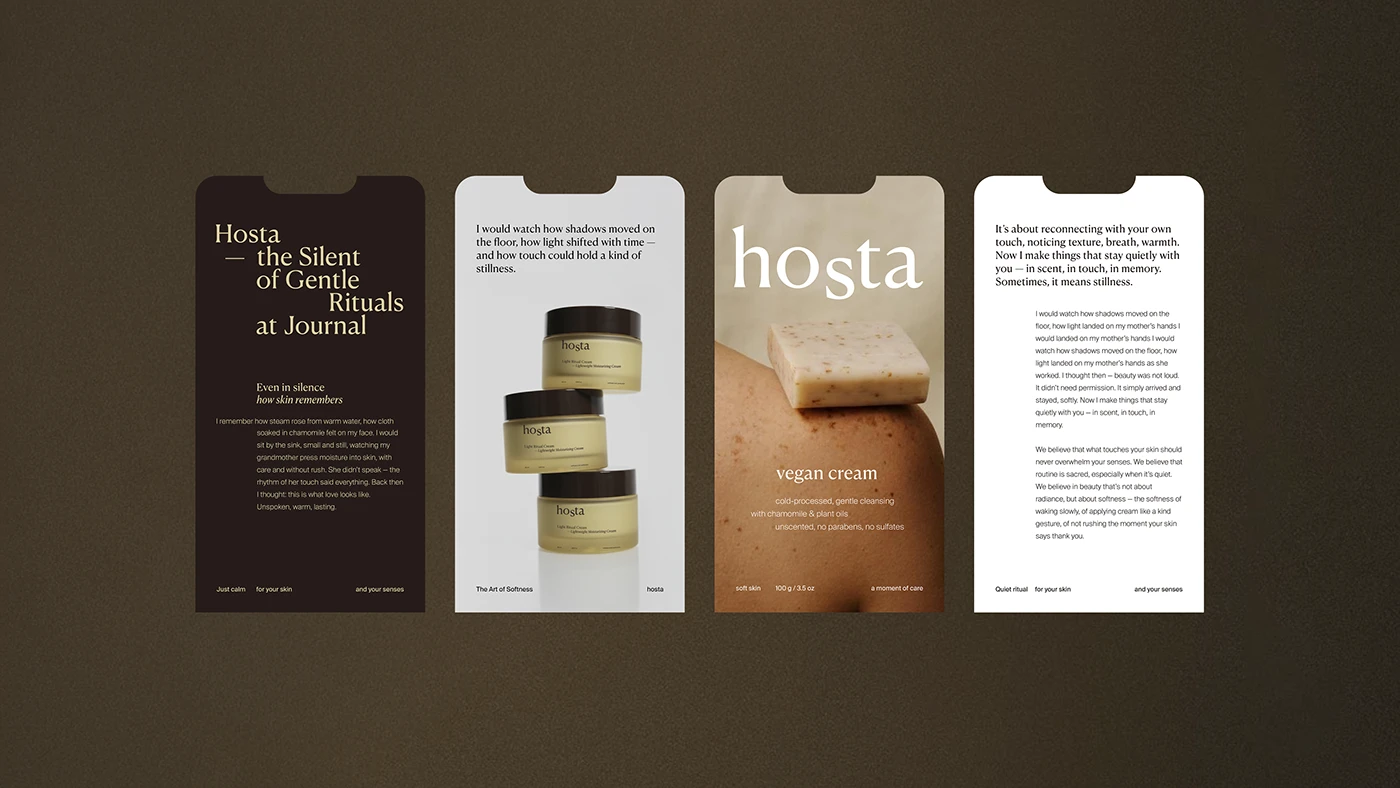 Hosta skincare brand campaign layout featuring minimalist editorial posters with serif typography, product photography, and vegan cream messaging, showcasing clean beauty brand identity by Anastasiia Mironova.