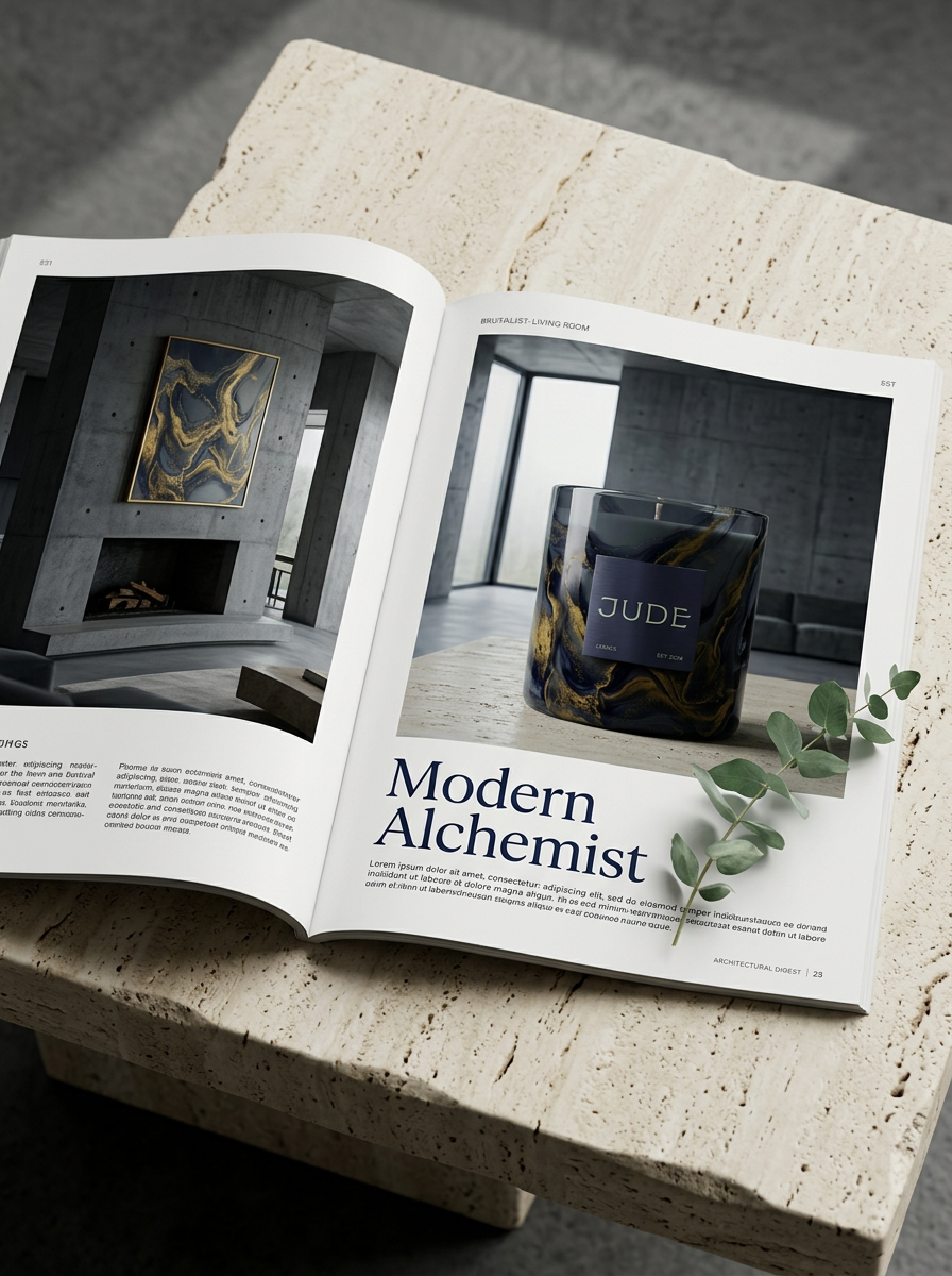 Editorial design layout for JUDE candle in a high-end architecture magazine, showcasing brand storytelling and luxury product positioning on a travertine stone surface.