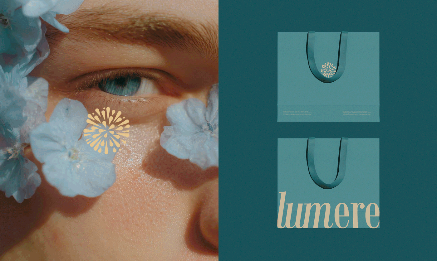 A split-screen composition. The left side shows a close-up of a model's face with a gold mandala logo overlay; the right side shows a stacked view of teal Lumere shopping bags with woven handles and high-contrast cream typography.