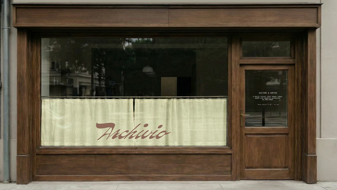 Archivio Coffee Cultura café storefront exterior featuring wood-framed façade, curtain window graphic with script logo, and minimalist brand signage on glass door.