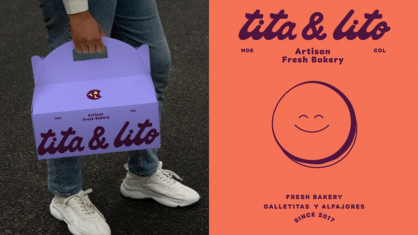 erson carrying lavender Tita & Lito bakery box next to coral orange poster with smiling cookie logo, illustrating cohesive brand identity and cheerful artisan bakery aesthetic.