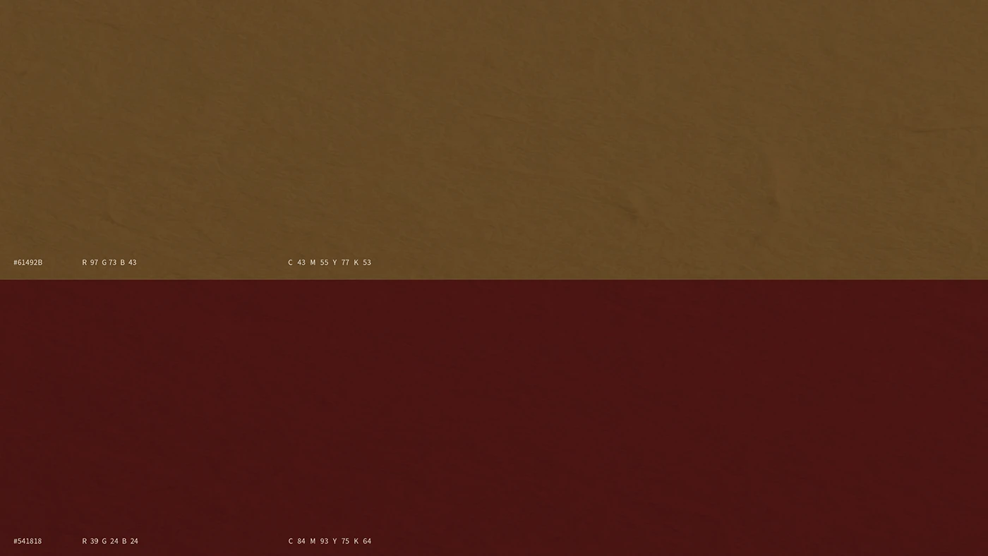 Marlow & Bromwell Manor brand color palette showing warm olive-brown and deep burgundy swatches with hex, RGB, and CMYK values on textured background