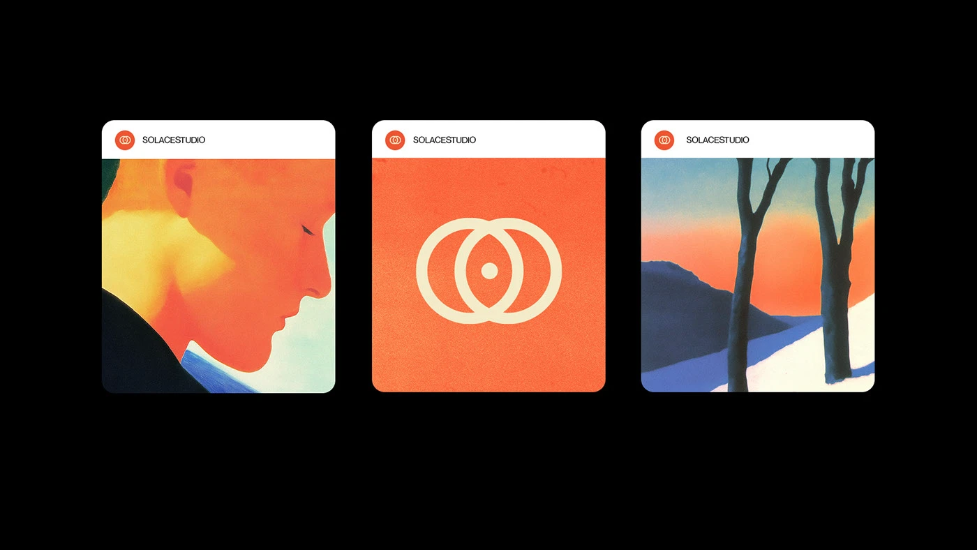 A digital brand application for Solace Studio showing three rounded square tiles: a profile silhouette in warm orange, the circular 'S' brand mark, and a serene landscape with winter trees at sunset.