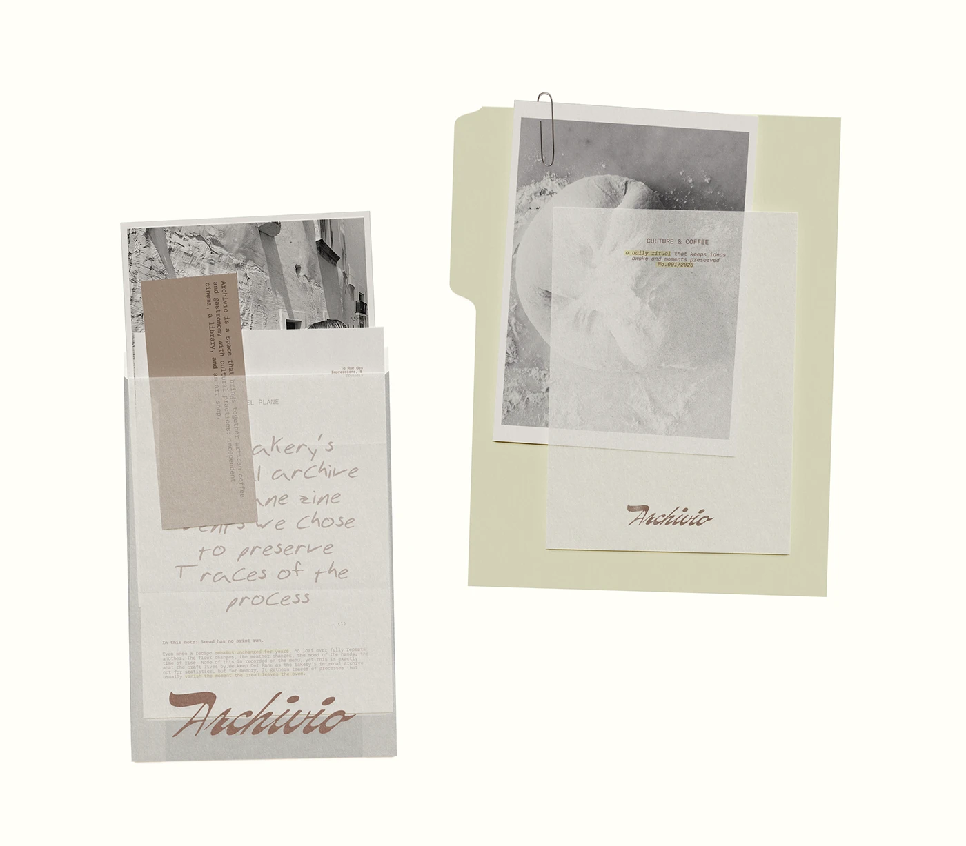 Archivio Coffee Cultura brand stationery and print system featuring layered paper inserts, clipped photography, translucent overlays, and handwritten archival annotations.
