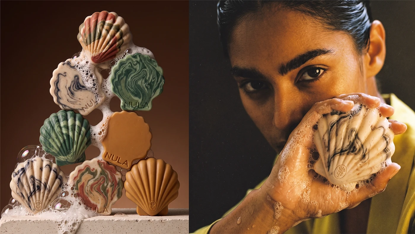 NULA organic soap campaign image showing colorful marbled shell soaps with lather alongside a close-up lifestyle portrait holding the product.