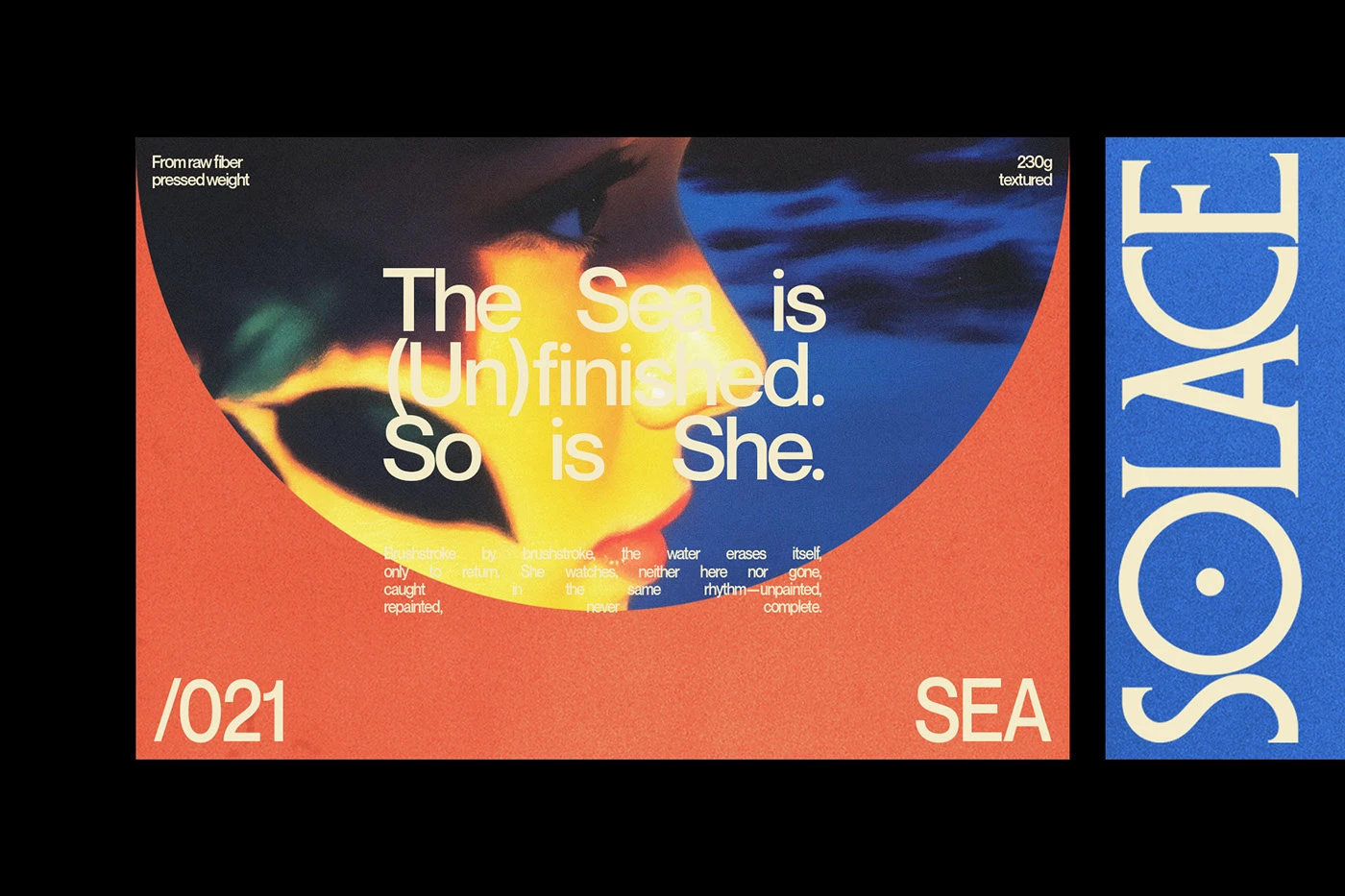 Solace Studio editorial graphic design titled 'The Sea is (Un)finished,' featuring a circular photo crop of a face against a blue sea, vibrant orange background, and vertical blue branding sidebar.
