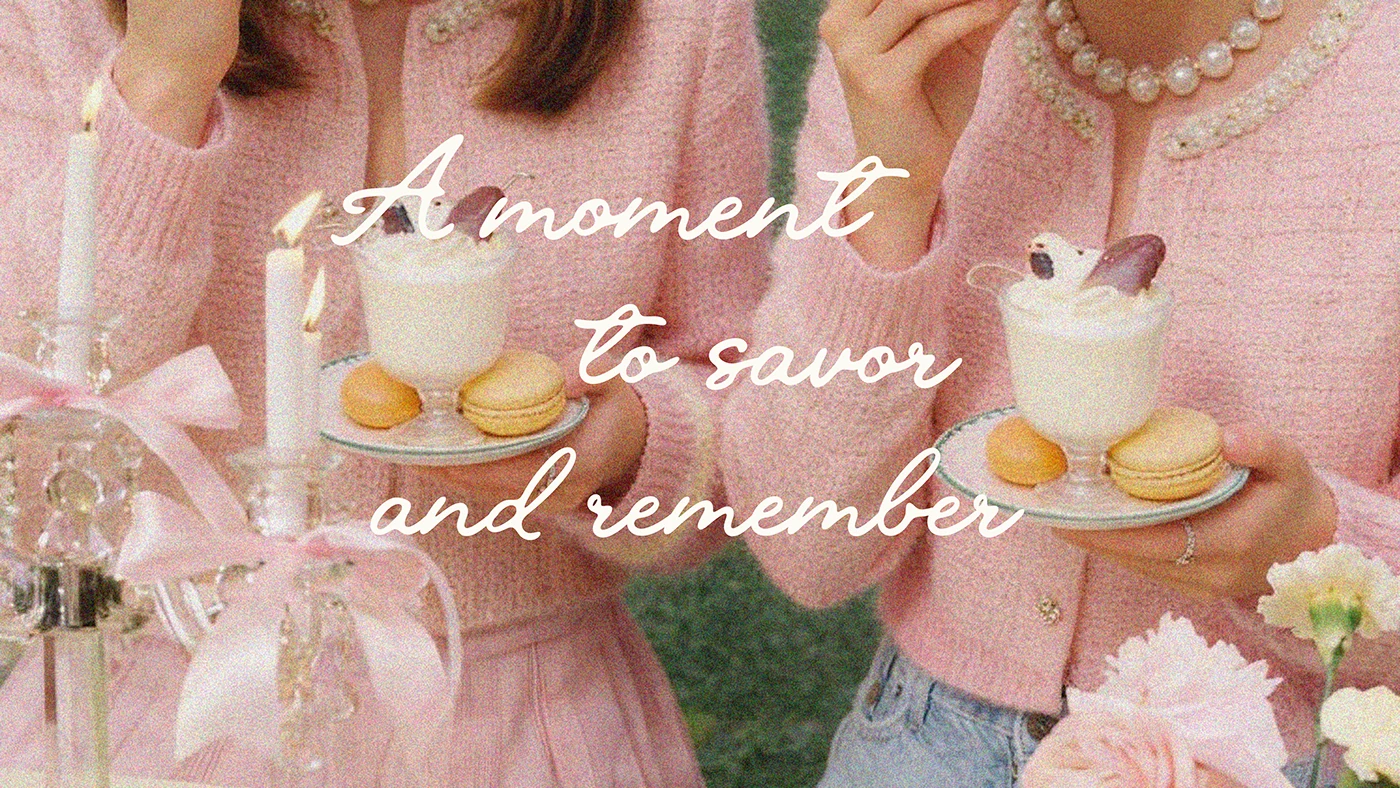 Lifestyle campaign image for Ypletaiki café showing two women in pink outfits holding desserts and macarons, featuring soft blush tones and handwritten script typography reading “A moment to savor and remember.”