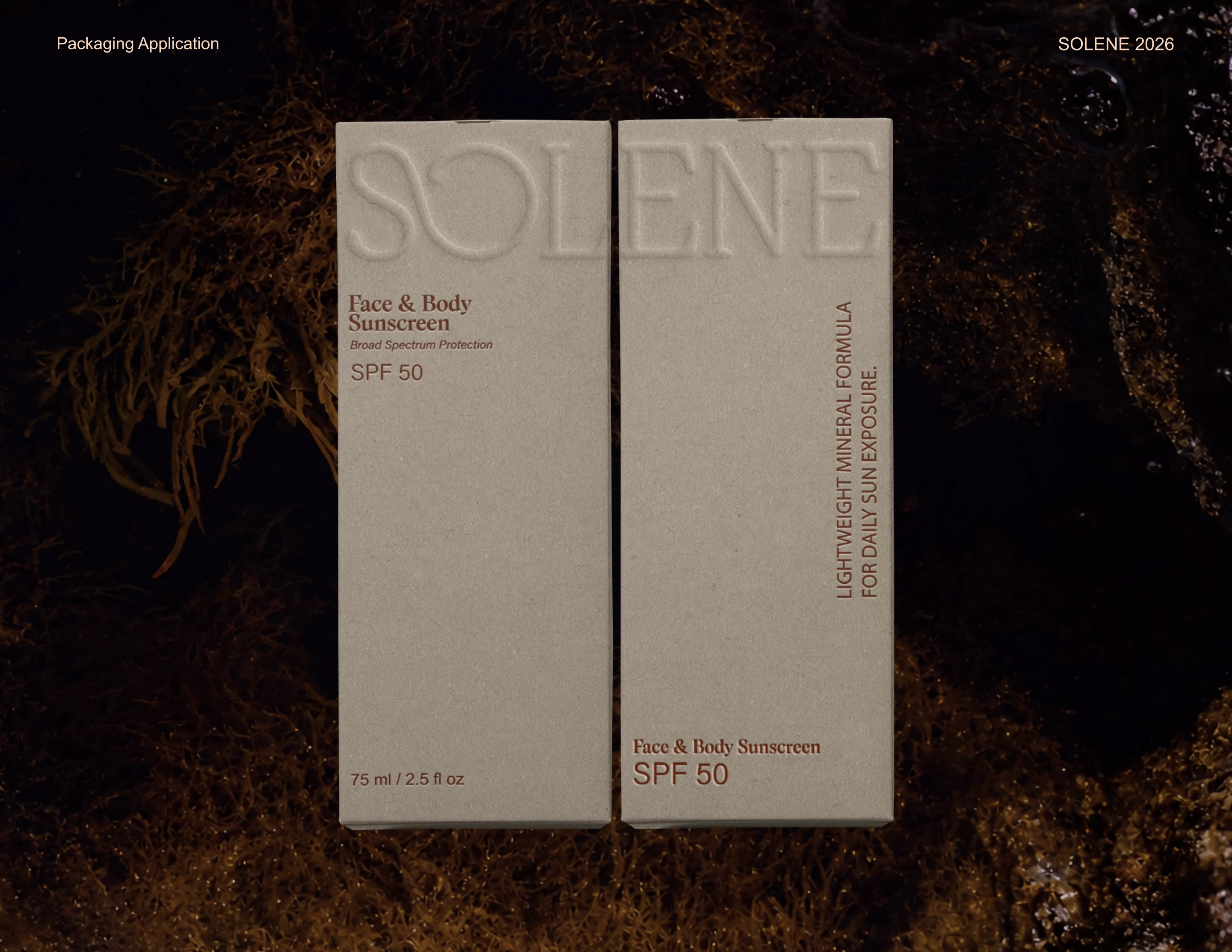 Solene SPF face and body sunscreen packaging application with two textured ivory boxes featuring blind embossed logo details and minimal product information.