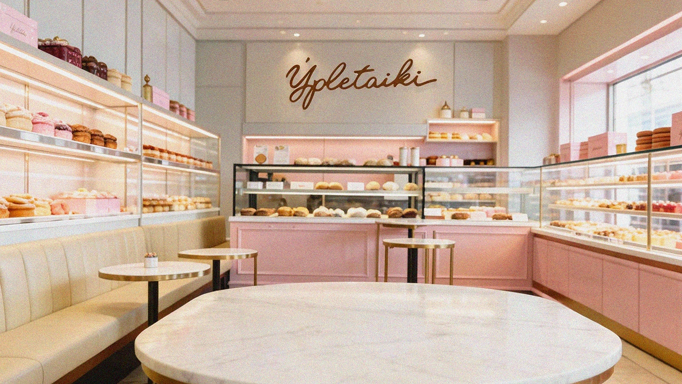 Interior design of Ypletaiki sweet shop showcasing pastel pink counters, glass pastry displays, and prominent script logo wall signage in a refined café environment.