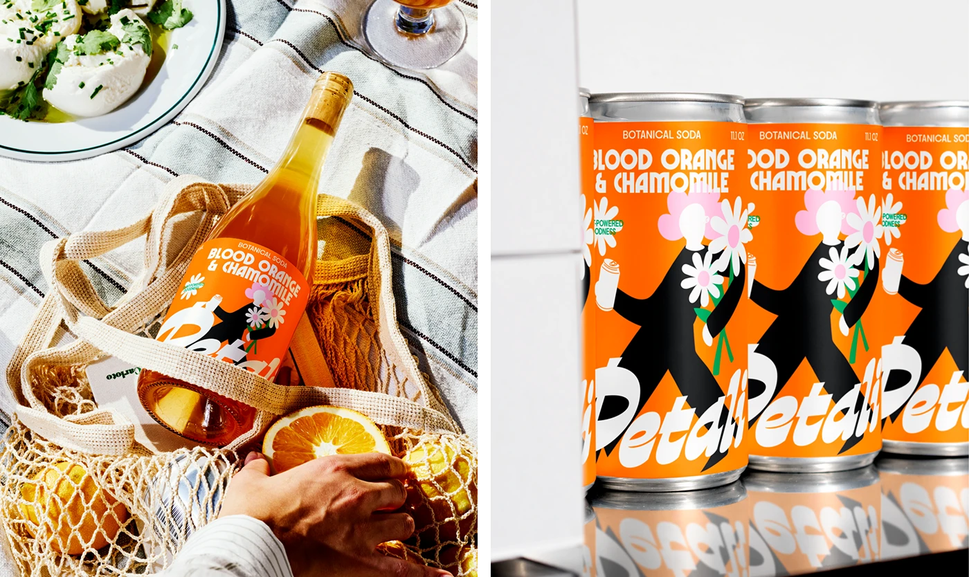 Petali Soda bottle and cans styled with fresh oranges and picnic setup—botanical soda branding blending lifestyle photography with modern retro packaging design.