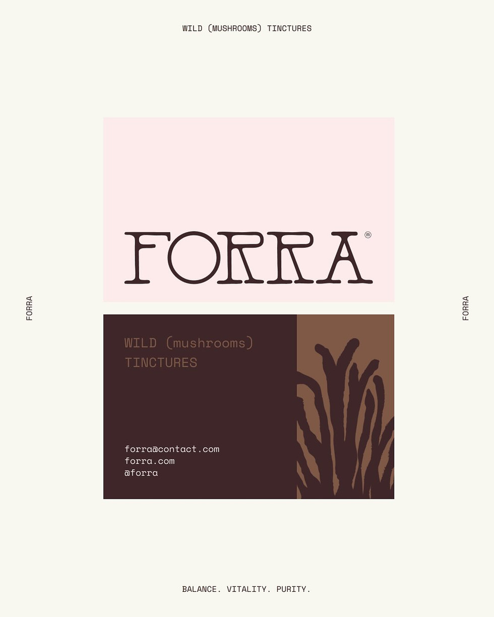 Forra logo and brand identity presentation by Allo(Physm) featuring minimal typographic layout with soft blush and brown color fields—showcasing a clean, editorial approach to wellness branding and apothecary design trends.