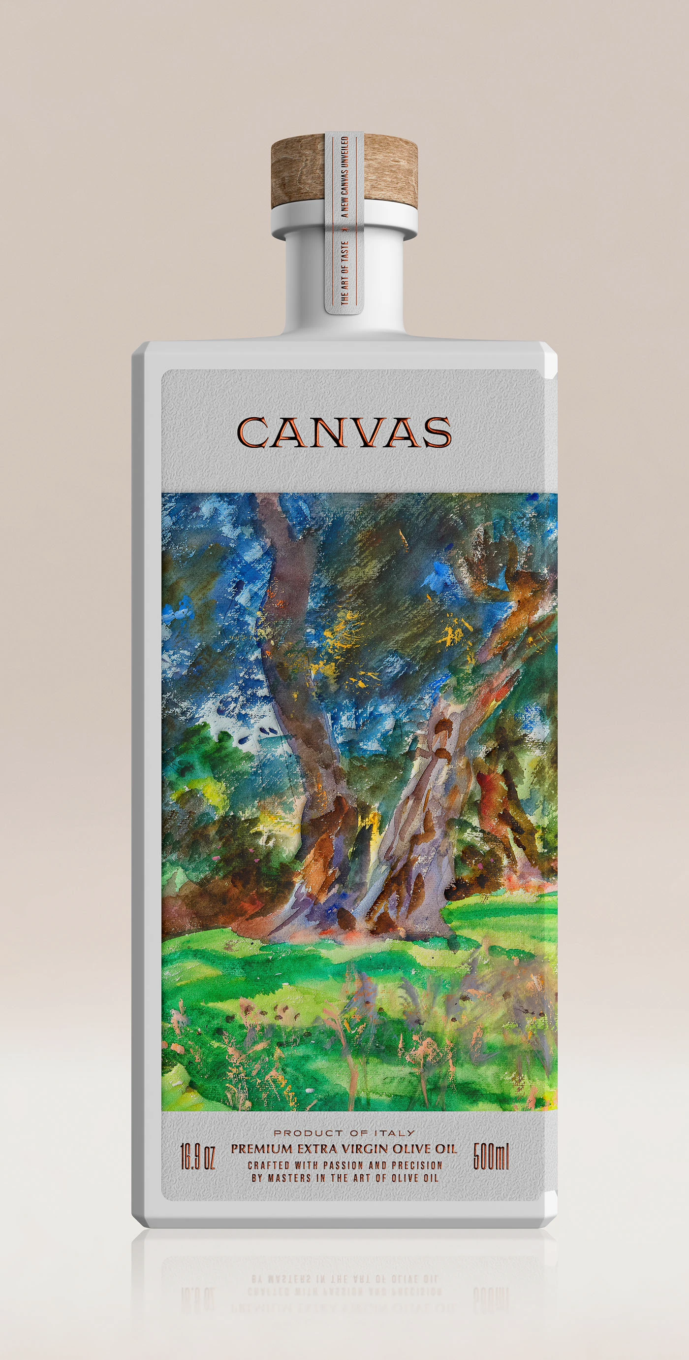 Front view of a Canvas Olive Oil bottle featuring a painterly landscape label with lush green and golden tones on a textured substrate.