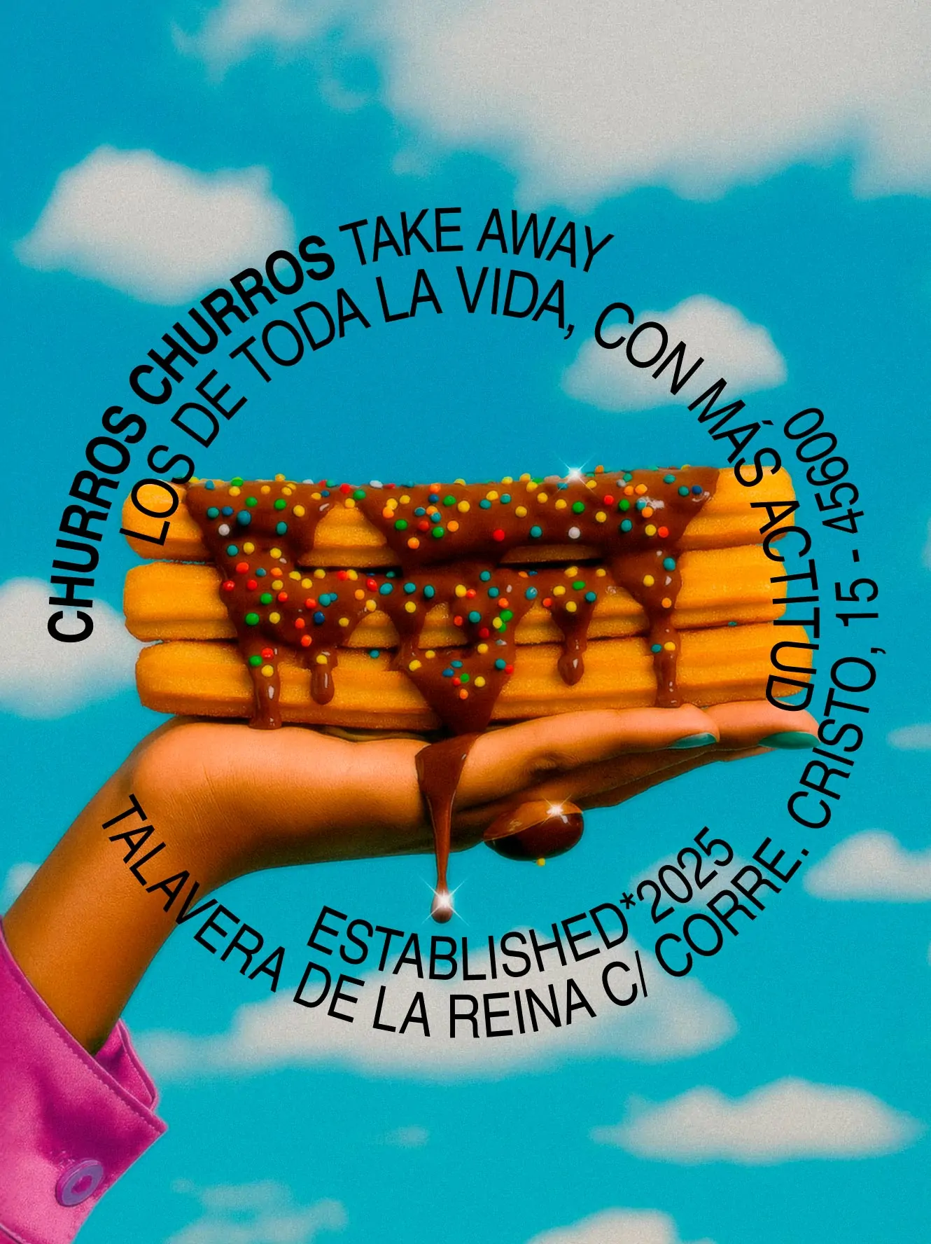 Churros Churros lifestyle branding image showing a stack of churros with chocolate drizzle and sprinkles held in a hand against a blue sky background with curved typographic text.