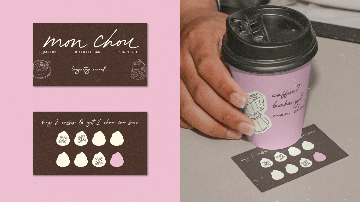 Mon Chou loyalty cards displayed with a hand holding the bakery’s pink coffee cup, featuring illustrated stamps and handwritten branding elements.