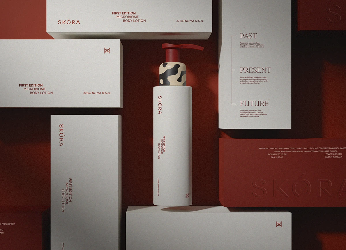 Skora First Edition Microbiome Body Lotion packaging shown alongside brand messaging panels, emphasizing typography-led layout, ingredient storytelling, and a cohesive skincare packaging system.
