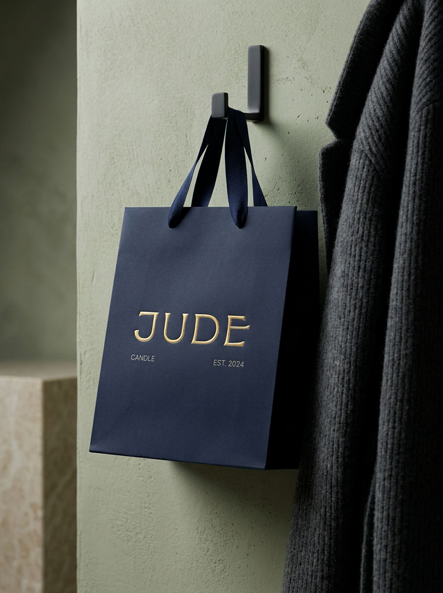 Luxury navy blue paper shopping bag for JUDE candle featuring a gold foil logo and woven ribbon handles, displayed in a minimalist high-end interior setting.