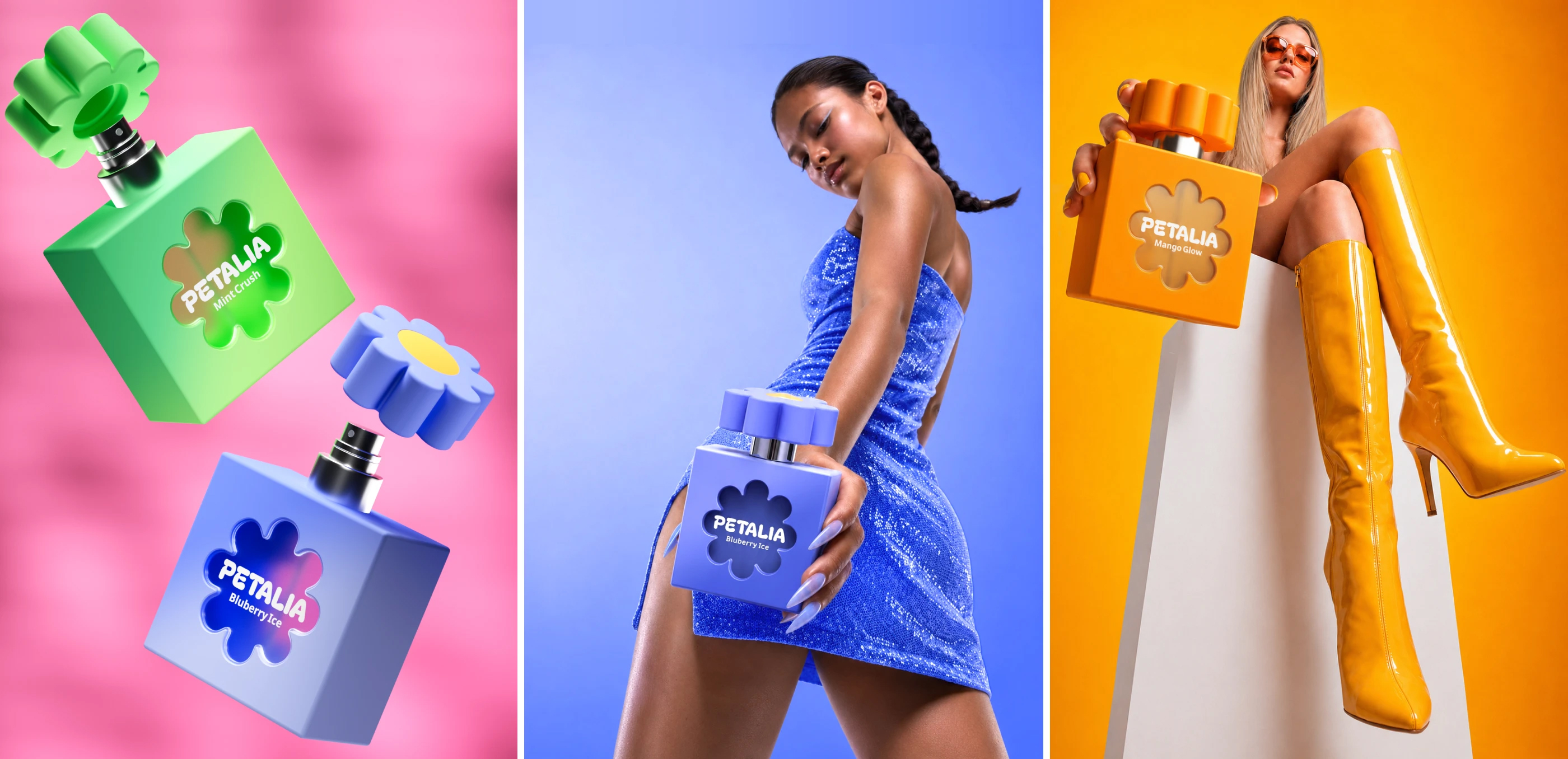 PETALIA fragrance campaign imagery featuring floating square perfume bottles, bold colorful styling, and fashion models holding Blueberry Ice and Mango Glow packaging.