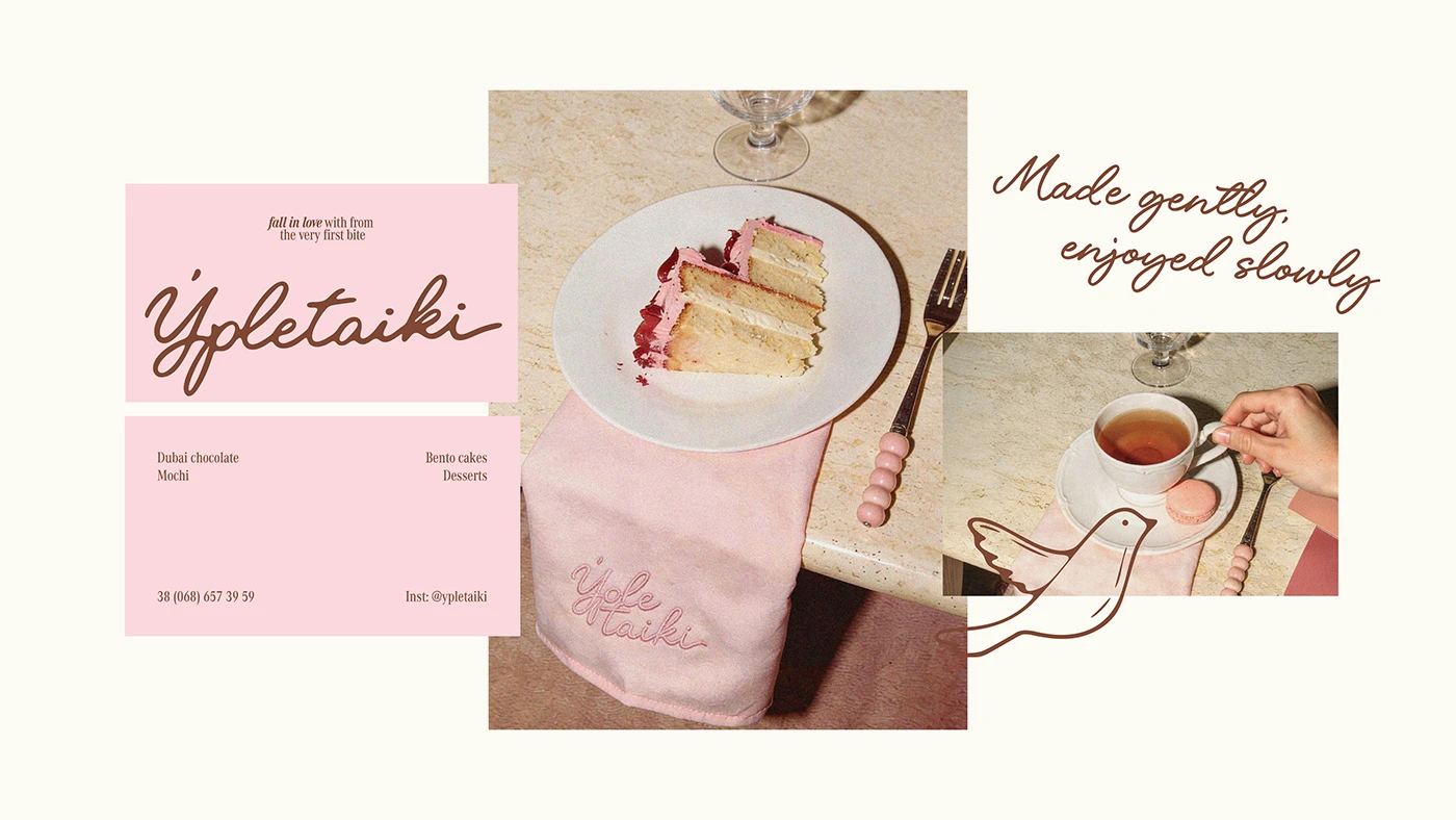 Ypletaiki café branding collage featuring dessert photography, printed menu card, embroidered napkin, and script typography with the phrase “Made gently, enjoyed slowly.”