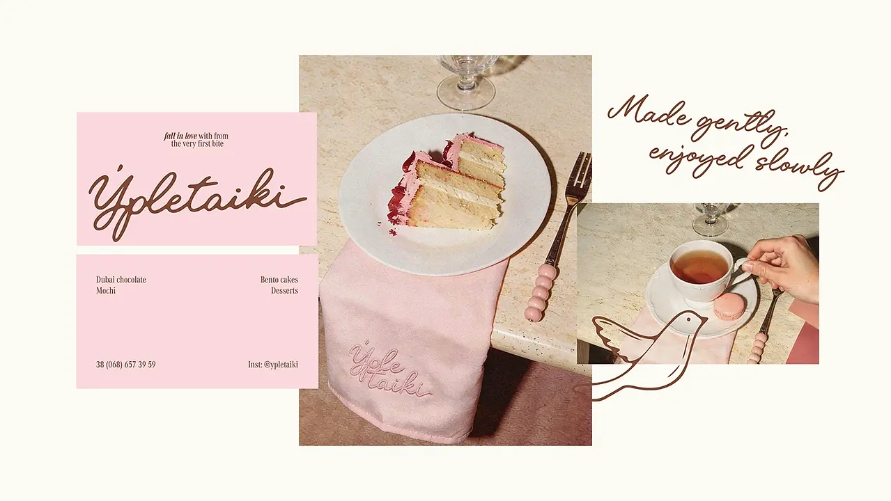 Ypletaiki café branding collage featuring dessert photography, printed menu card, embroidered napkin, and script typography with the phrase “Made gently, enjoyed slowly.”