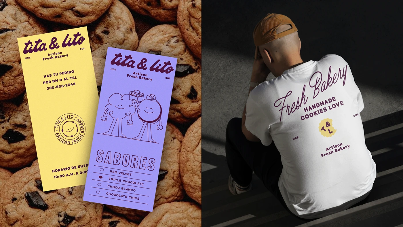 Lavender and yellow bakery menus placed on chocolate chip cookies beside a person wearing a Fresh Bakery graphic T-shirt, highlighting brand merchandise and typographic design consistency.