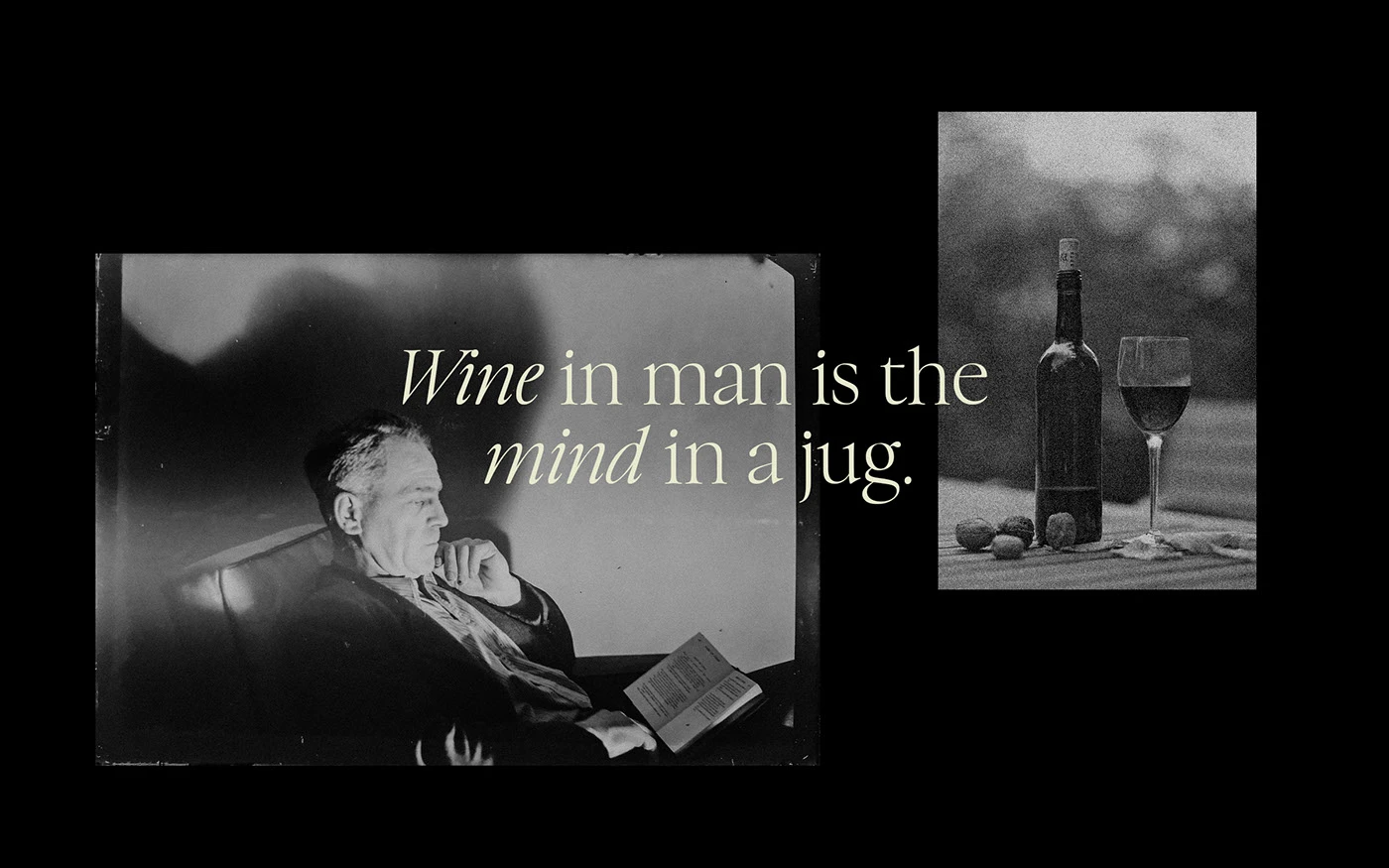 A moody black and white collage featuring a man reading and a bottle of wine with a glass, overlaid with the poetic brand messaging 'Wine in man is the mind in a jug.'