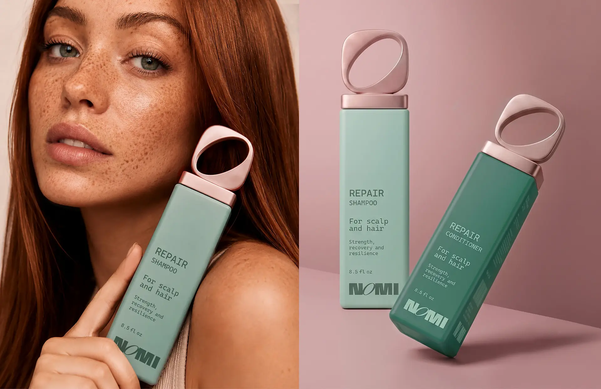 Red-haired woman holding NOMI Repair Shampoo beside matching green shampoo and conditioner packaging.