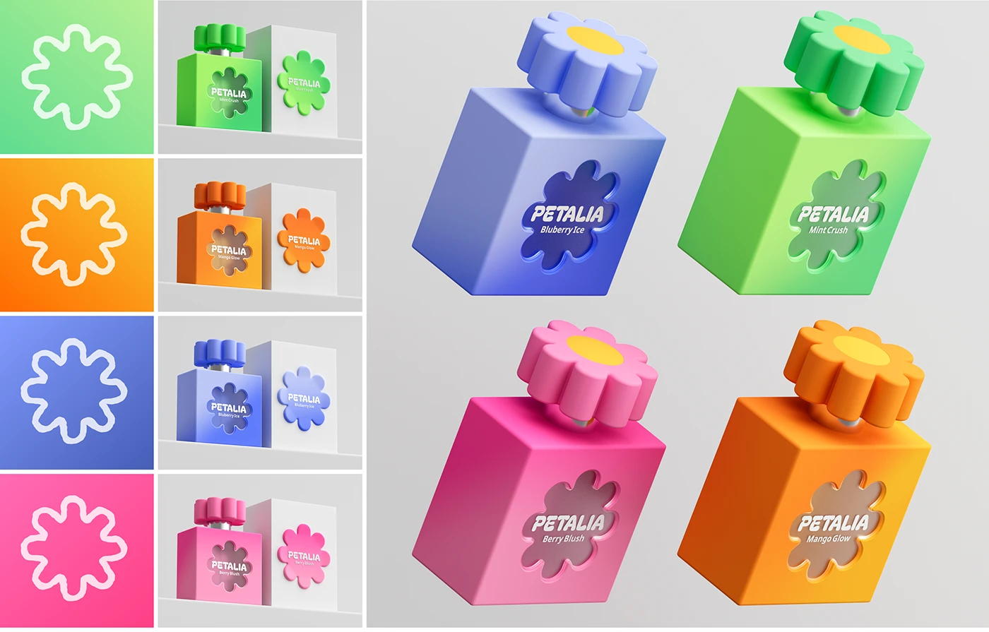 PETALIA fragrance packaging design by Naya Samoilova featuring four colorful square perfume bottles, floral logo shapes, and matching box concepts in green, orange, blue, and pink.