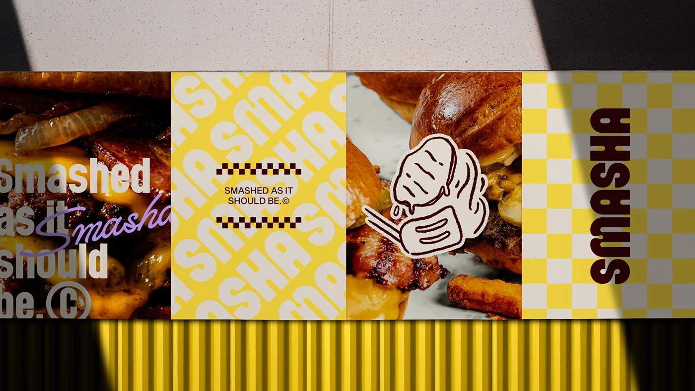 Horizontal brand composition showcasing Smasha typography, checkerboard patterns, illustrated burger iconography, food photography, and bold color blocking in yellow, burgundy, and cream.