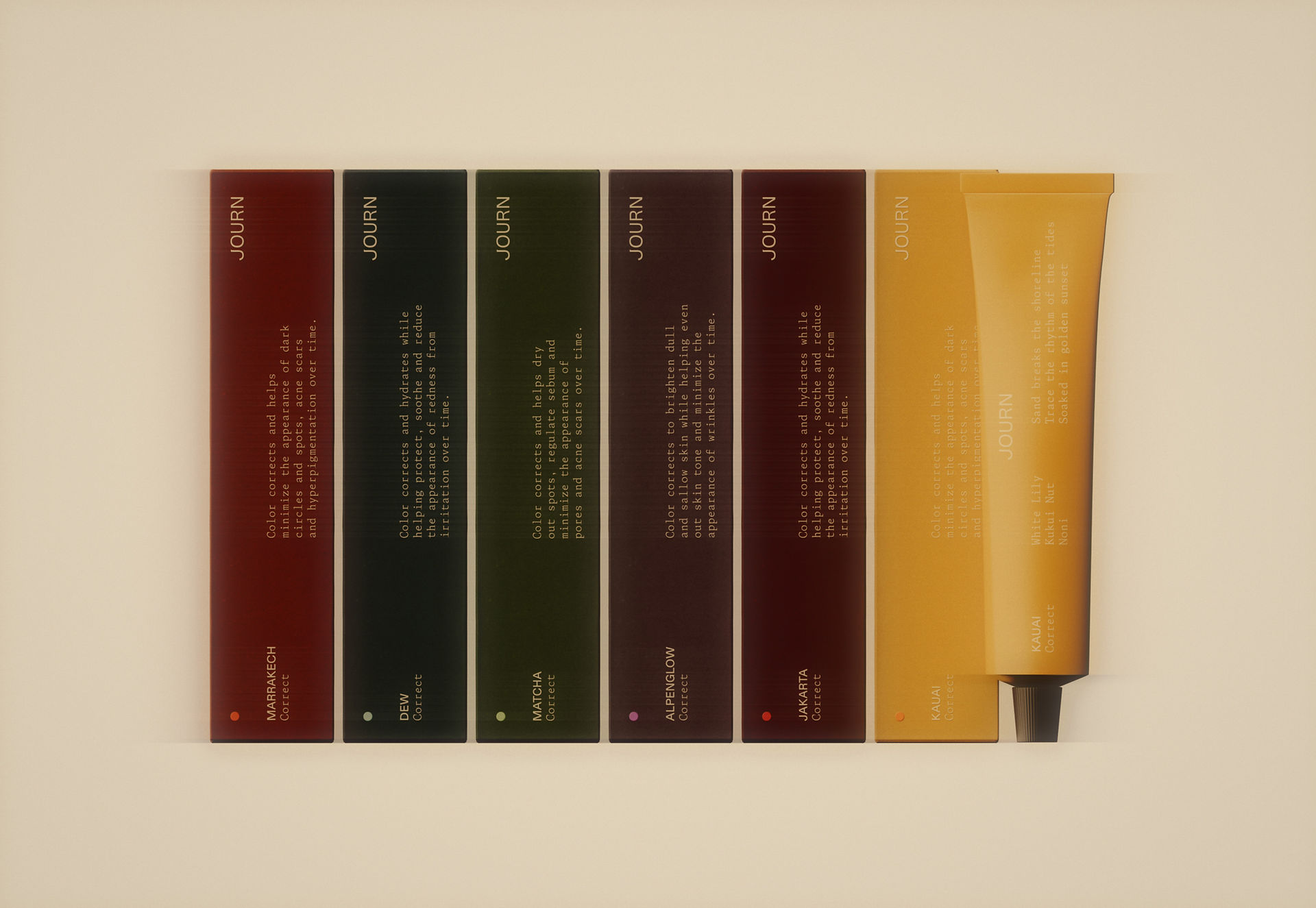 Minimalist skincare packaging design for Journ featuring a lineup of colorful cosmetic cartons and a golden skincare tube with refined vertical typography by Landscape.