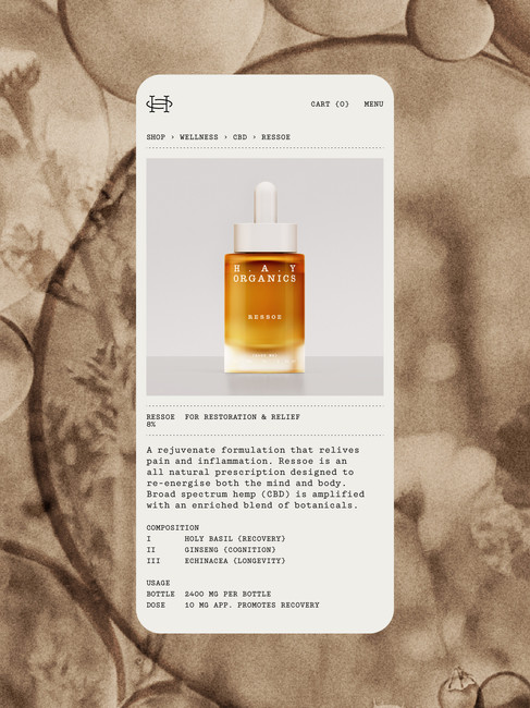 HAY Organics website product page mockup for Ressoe, showing the amber wellness dropper bottle with minimal typography, botanical textures, and product information.