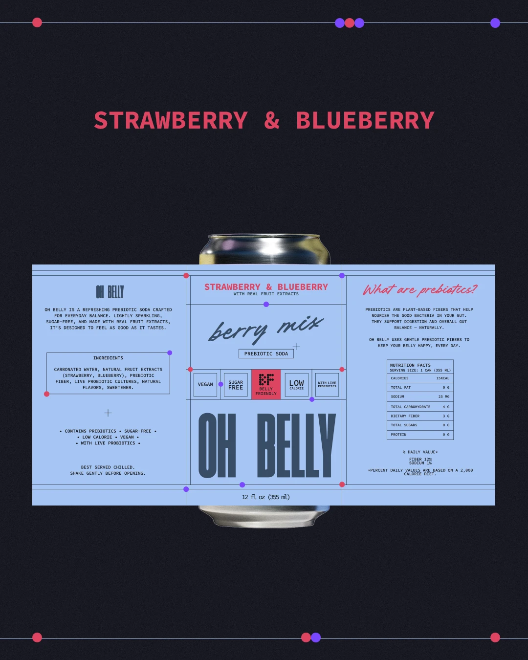 Oh Belly strawberry and blueberry prebiotic soda label layout showing ingredients, nutrition facts, benefit icons, and structured packaging typography.