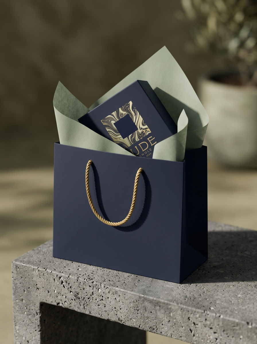 Luxury gifting presentation of JUDE candle box inside a navy paper shopping bag with rope handles, featuring sage green tissue paper, resting on a raw concrete plinth in a sunlit outdoor setting.