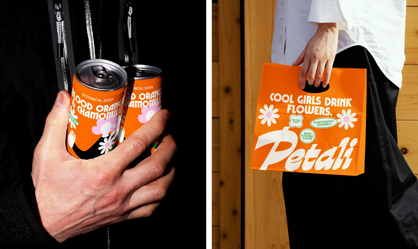 Petali Soda cans held in hand beside branded orange gift bag with slogan “Cool Girls Drink Flowers”—playful beverage branding with retro typography and bold packaging design.
