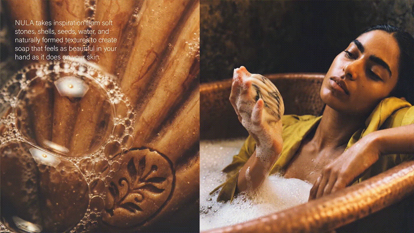 NULA organic soap brand imagery featuring a shell-shaped soap, natural textures, water, and a warm editorial bath scene.