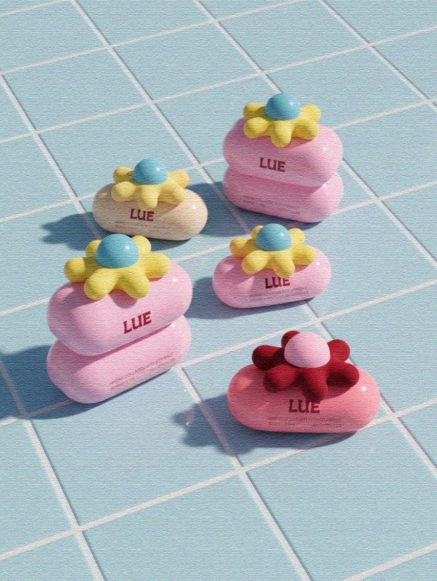Five sculptural LUE collagen cosmetic vessels arranged on blue tile, featuring glossy pink, cream, yellow, and red forms with playful flower-like caps.