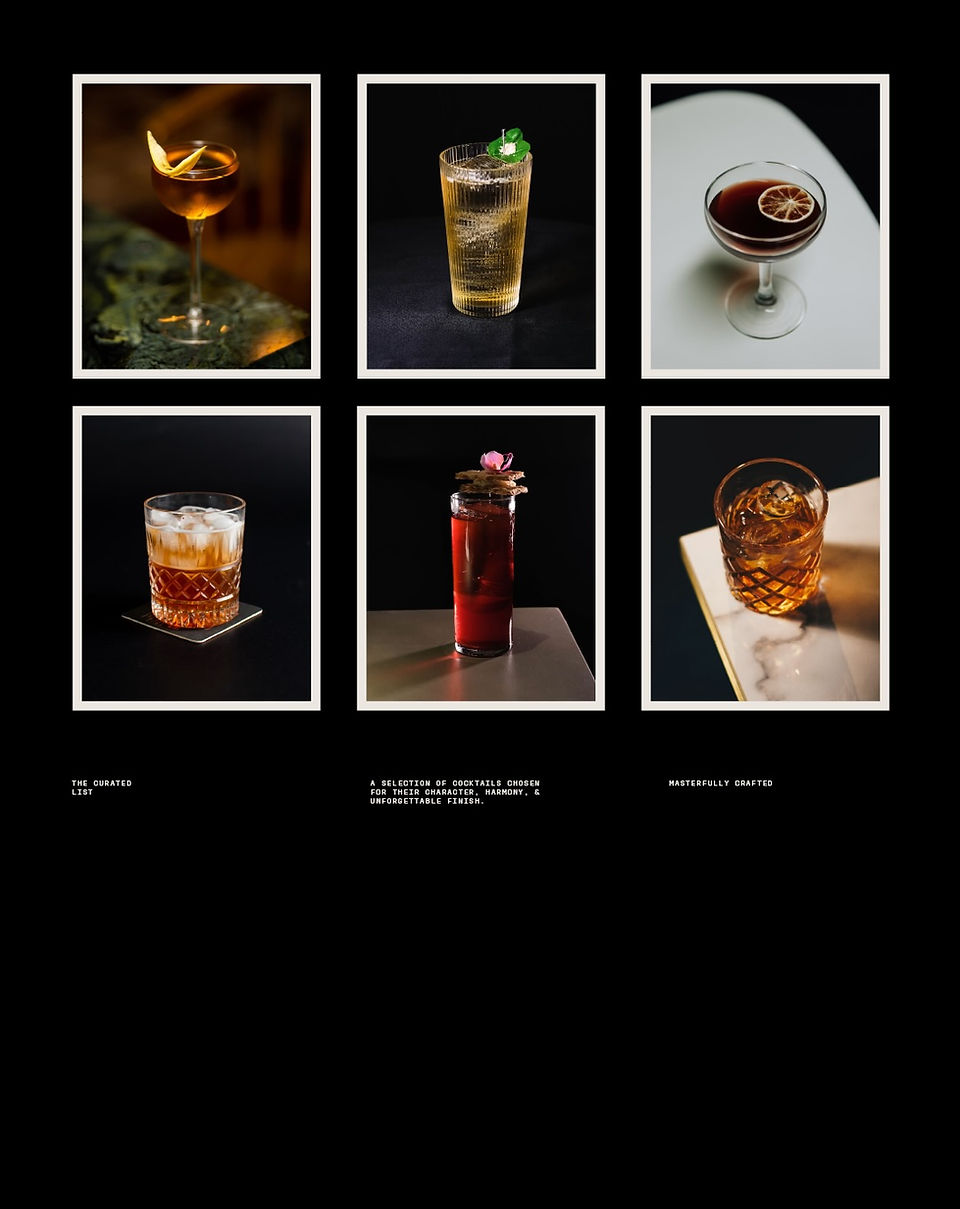 Curated grid of six cocktail photographs featuring warm amber, red, and golden drinks styled against dark backgrounds with minimal editorial framing.