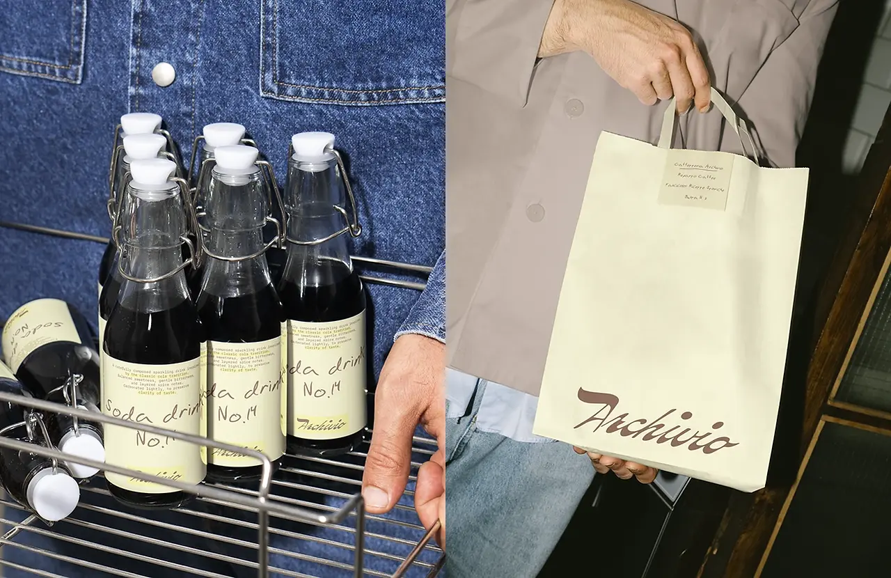 Archivio Coffee Cultura beverage packaging featuring glass soda bottles with handwritten labels alongside pastel yellow branded paper carrier bag.