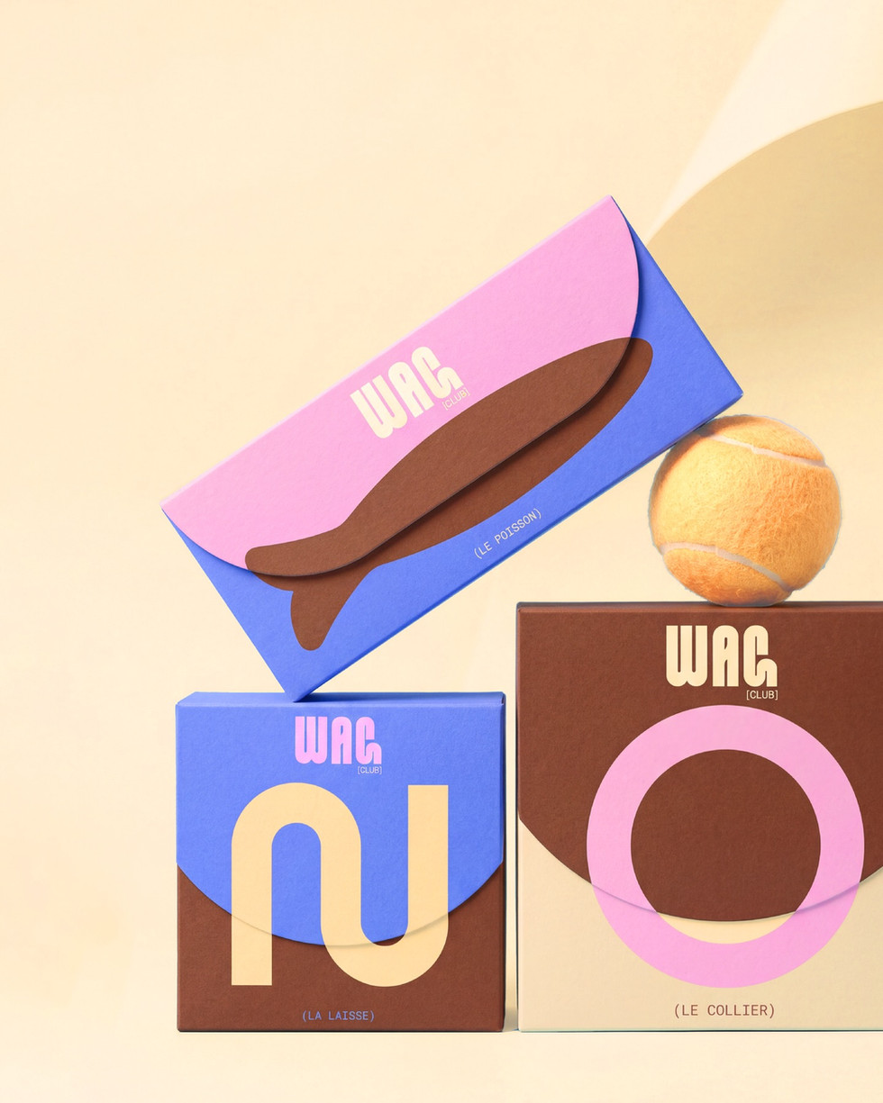 Colorful WAG Club packaging for a fish toy, dog leash, and collar arranged with a tennis ball on a cream backdrop.