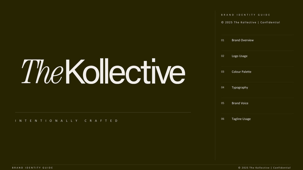 The Kollective brand identity guide cover featuring the custom logo, “Intentionally Crafted” brand line, and table of contents on a deep olive background.