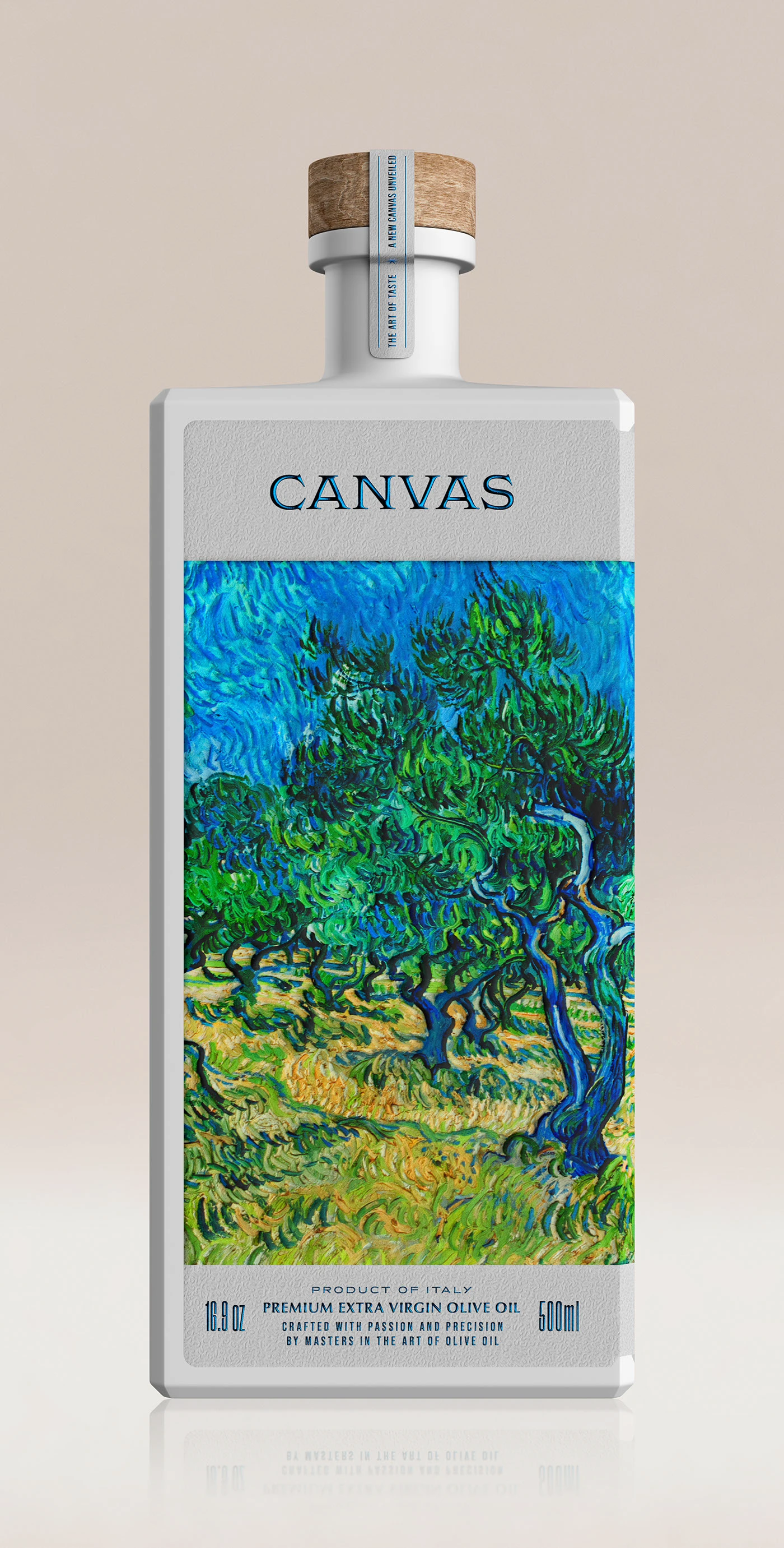 Alternative Canvas Olive Oil packaging design featuring an impressionist blue olive grove painting on a textured, embossed substrate.