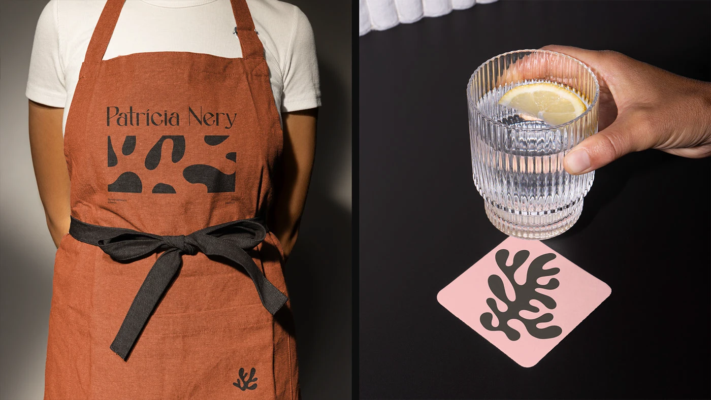 Patricia Nery branded chef apron and pink drink coaster design showcasing minimalist typography and organic shape logo, part of a cohesive culinary brand identity.