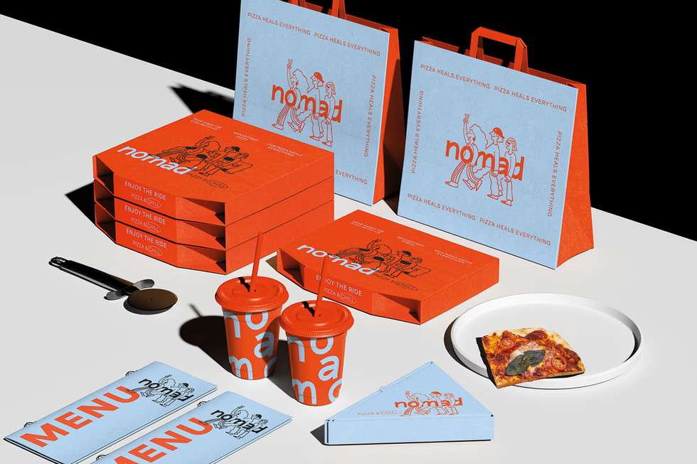 Nomad Pizza brand identity and packaging design by Luan Studio — featuring bold orange pizza boxes, takeaway bags, menus, and drink cups with playful illustrations and modern typography, curated by Fivestar Branding in Ellenton, Florida.