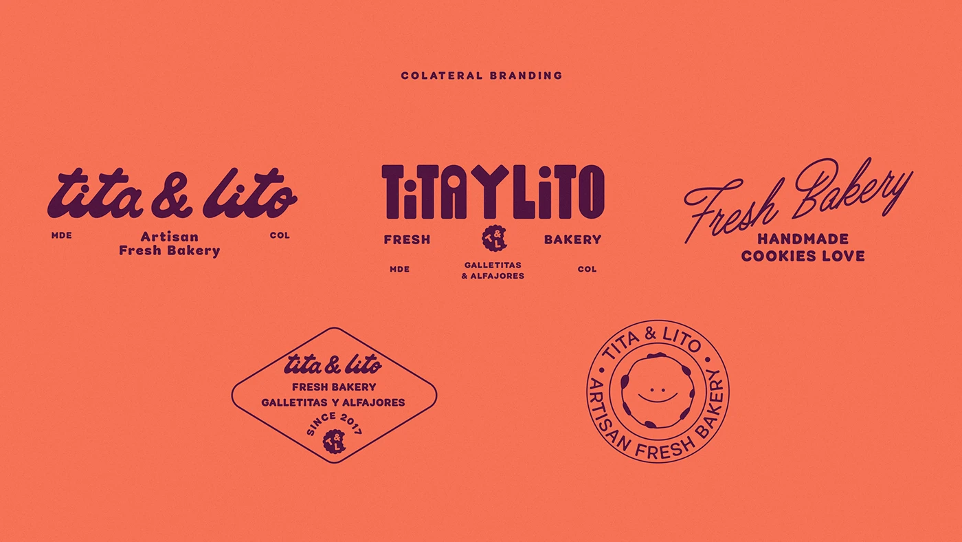 Collateral logo variations for Tita & Lito Bakery displayed on a coral-orange background, featuring vintage-inspired typography, badge designs, and a smiling cookie emblem that capture nostalgic brand charm.