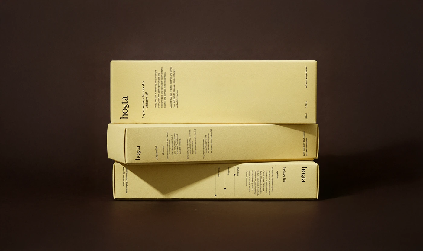 Hosta cosmetic packaging design with stacked minimalist cream cartons in muted olive tone against dark brown background, highlighting structured box architecture and refined typography by Anastasiia Mironova.
