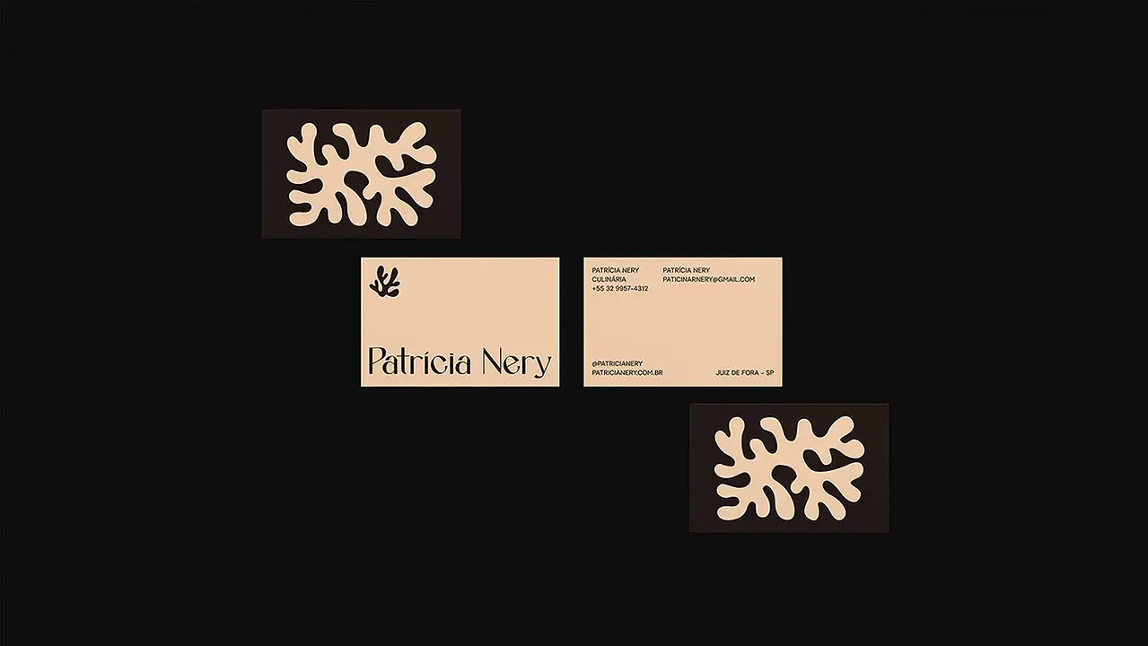 Patrícia Nery culinary chef brand identity business cards featuring minimalist cream design, editorial typography, and bold organic coral motifs.