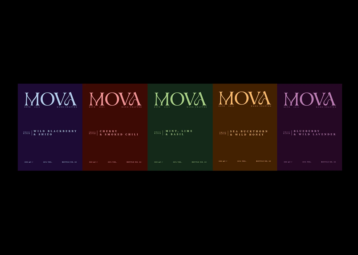 MOVA fruit liqueur packaging system featuring five minimalist label designs in rich flavor-specific colors.