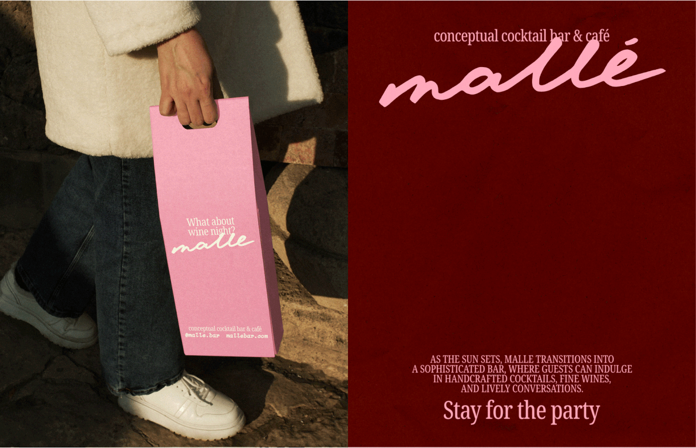 Mallé wine packaging and brand poster shown in a lifestyle setting, blending daytime café energy with refined evening bar visuals.